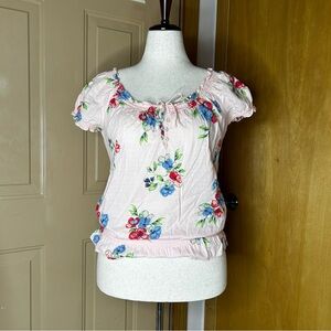 Hollister Pink Floral Peasant Top with Blue & Red Blooms